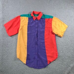 Vintage Color Block Silk Button Front Shirt Men Large Short Sleeve 90s Party